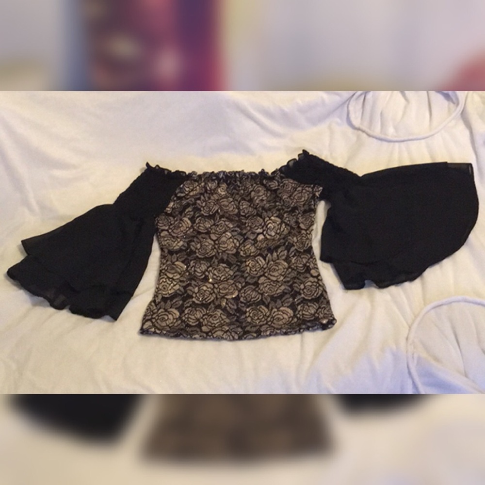 Gold roses down off the shoulder lace shirt